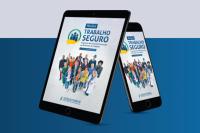 Imagem com fundo cinza claro e azul escuro. Há duas capas de exemplares da revista Trabalho Seguro nas cores azul, amarelo e branco. Há fotos de várias pessaos reunidas para simbolizar divresas profissões.