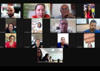Reunião online. Há  rostos de várias pessoas em uma tela de computador. Eles estão participando de um encontro virtual para traçar ações de combate ao trabalho infantil.