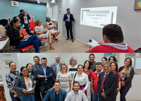 Montagem de duas fotos individuais, uma com pessoas sentadas assistindo a um homem de terno apresentando um slide, outra foto com um grupo de mulheres e homens vestidos de roupa social