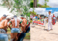 A primeira imagem é de indígenas em ritual de dança. Já a 2ª há dois homens vestidos de branco segurando uma faixa. Eles estão seguidos por várias pessoas.