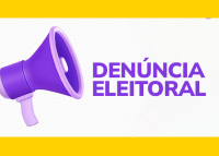 Imagem à esquerda de megafone na cor lilás e, ao lado direito, o nome denúncia eleitoral também escrito na cor lilás