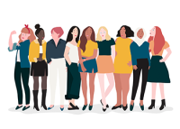 Imagem gráfica nove mulheres que representam a mistura de raça brasileira, vestidas de calça, saias e vestidos