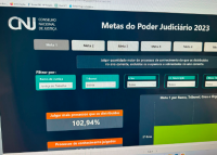 FOTO DE UMA TELA DE COMPUTADOR COM A LOGOMARCA DO CNJ E, AO LADO SUPERIOR DA TELA, O NOME METAS DO PODER JUDICIARIO 2023 ESCRITO EM LETRAS BRANCAS