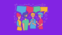 Imagem com fundo lilás com o desenho de tratro pessoas usando roupas coloridas e balões indicando que estão conversando