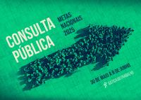 Imagem com fundo verde e desenho de uma seta para cima, com o texto: Conseulta Pública - Metas Nacionais 2025