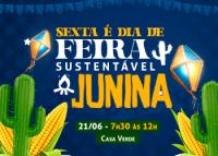 Fundo azul com imagem de fogueira, bandeirinhas coloridas e letras amarelas escrita Feira Sustentável