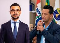 Imagem contendo fotos de dois homens usando terno, o primeiro moreno, de barba e usando óculos, e o segundo, também moreno, falando ao microfone
