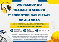 Card de fundo branco com letras azuis e brancas. Há fotos de equipamentos de proteção nos cantos insuperiores e inferiores.
