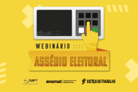 Card de fundo amarelo. Há o desenho de uma urna eleitoral eletrônica. Há letras nas cores preta e vermelha.
