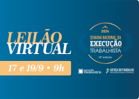 Na imagem, escritas sobre um fundo azul, os nomes Leilão, na cor dourada, e virtual, na cor branca. Ambos localizados ao lado esquerdo. Do lado direito, as palavras semana nacional de execução trabalhista