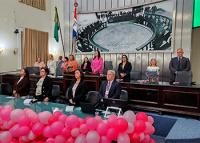 foto de mulheres e homens em pé na mesa da assembleia legislativa