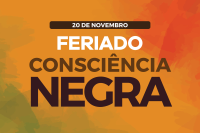 Fundo laranja com letra branca escrito feriado e letras marrons escrita Consciência Negra