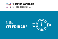 Na imagem, os nomes meta 1 celeridade, escritos em letra branca sobre um fundo azul; ao lado direito desses nomes, um relógio branco redondo com ponteiros 