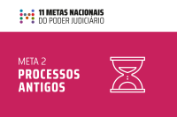 Imagem com fundo vermelho; no centro, o nome meta 2 processos antigos escrito em letra branca; ao lado direito do nome, uma ampulheta branca