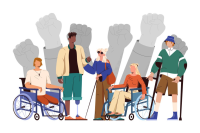 Desenhos coloridos de várias pessoas que são PcD.