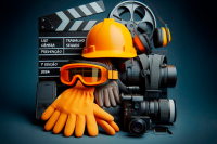 Fundo escuro e capacete, luvas, máscara laranjas, uma máquina filmadora, rolo de filme e claquete na cor chumbo