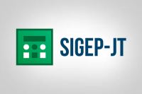 Na imagem, o nome SIGEP-JT escrito em letras azuis; ao lado esquerdo dele, um quadrado verde
