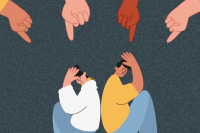 Desenho de fundo azul com representação de duas pessoas sentadas de costas. Há acima desses desenhos vários dedos apontando para esses desenhos.