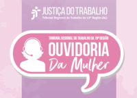 Logo cor de rosa com o nome ouvidoria da mulher ao centro da imagem escrito em letras brancas