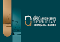 Ao centro da imagem verde-escura, o nome Responsabilidade Social do Poder Judiciário e Promoção da Dignidade escrito em letras brancas.