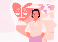 Card de fundo rosa claro. No lado direito há um perfil feminino w uma balança. Há, ainda o desenho de uma mulher.