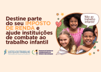 Card de fundo claro com letras coloridas no lado esquerdo. No lado direito, tem um círculo com a foto de várias crianças.