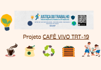 Card de fundo branco com vários desenhos e com a logomarca da Justiça dp Trabalho no alto da imagem.
