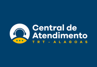 A imagem apresenta a identidade visual da "Central de Atendimento" do Tribunal Regional do Trabalho de Alagoas (TRT-AL). O design inclui um fundo azul-escuro, com um logotipo composto por um ícone de fone de ouvido dentro de um círculo branco, simbolizando o atendimento ao público. Abaixo do ícone, há um formato amarelo com três pontos, remetendo a um diálogo ou comunicação. O texto "Central de Atendimento" está em letras brancas, destacando-se no fundo escuro, enquanto "TRT - ALAGOAS" aparece em amarelo.