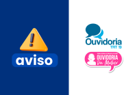 A imagem é dividida em duas metades verticais. Na metade esquerda, com fundo azul escuro, há um ícone de triângulo amarelo com um ponto de exclamação no centro, simbolizando um aviso. Abaixo do ícone, está a palavra “aviso” em letras minúsculas, brancas e em destaque sobre um fundo azul mais claro.Na metade direita, com fundo branco, aparecem dois logotipos das Ouvidorias do TRT-AL.