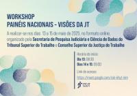 Arte gráfica colorida. Na parte superior o texto: Workshop Painéis Nacionais - Visões da JT. A realizar-se nos dias 13 a 15 de maio de 2025, no formato online, organizado pela Secretaria de Pesquisa Judiciária e Ciência de Dados do Tribunal Superior do Trabalho e Conselho Superior da Justiça do Trabalho. Na parte inferior direita, estão informações já contidas no texto.