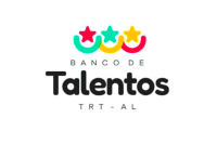 Logomarca colorida do “Banco de Talentos TRT-AL” com três rostos sorridentes formados por semicírculos e estrelas acima. Abaixo, o nome do projeto em letras grandes e o texto “TRT - AL”.