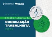 Logo da Semana Nacional de Conciliação Trabalhista 2025, com um quadro azul escuro à esquerda e nomes nas cores branca e verde, ao lado direito, dois círculos nas cores cinza e verde.