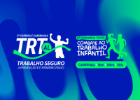 Imagem azul-escuro e verde-clara com os nomes TRT AL TRABALHO SEGURO escritos em letras brancas a a imagem de bonequinhos masculino e feminino em verde e uma imagem de um bonequinho maior na cor branca. 