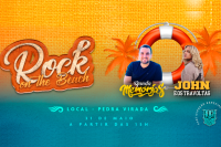 Imagem com a cor laranja ao fundo do meio para cima e com a cor azul do meio para baixo; ao lado esquerdo o nome Rock in the beach escrito em letras branca e laranja