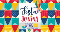 IMAGEM CHEIA DE BANDEIROLAS COLORIDAS; AO CENTRO, O NOME FESTA JUNINA