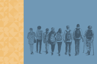 Quadro com  fundo azul claro e amarelo com ilustração de crianças e adolescentes de costas andando com mochilas escolares nas costas