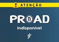 Imagem em fundo azul com aviso de alerta. No topo, há uma faixa amarela com um ícone de atenção (triângulo com ponto de exclamação) e a palavra “ATENÇÃO” em destaque. Ao centro, aparece a palavra “PROAD” com um ícone de documento no lugar da letra “O”. Abaixo, está escrito “Indisponível”. Na parte inferior, há o símbolo da Justiça do Trabalho.