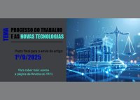 anner retangular dividido em duas partes. A esquerda tem fundo cinza escuro com o texto em destaque: “TEMA: PROCESSO DO TRABALHO E AS NOVAS TECNOLOGIAS”. Logo abaixo, está “Prazo final para o envio de artigo: 1º/9/2025” , “Para saber mais acesse a página da Revista do TRT1”. A palavra “TEMA” está em azul vertical, “NOVAS TECNOLOGIAS” em ciano, e o restante do texto em preto e branco. A direita mostra uma ilustração digital azul e brilhante, composta por elementos tecnológicos 