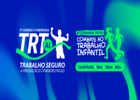 Imagem com fundo azul e elementos em verde e branco, promovendo a "9ª Corrida e Caminhada TRT/AL – Trabalho Seguro" e a "6ª Corridinha TRT/AL – Combate ao Trabalho Infantil". Ao centro, ícones de pessoas correndo e caminhando, com destaque para as modalidades: caminhada, 5 km, 10 km e kids