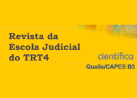 Imagem com fundo amarelo. À esquerda, o título em azul-escuro: "Revista da Escola Judicial do TRT4". À direita, os dizeres "científica" e "Qualis/CAPES B3" em azul. No canto superior direito, aparecem pequenas capas coloridas de edições anteriores da revista.