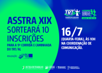 Ao lado esquerdo, a cor verde ao fundo como a a frase Asstra XIX sorteará 10 inscrições em destaque escrita em letras azuis; à esquerda, algumas frase escritas em letras brancas