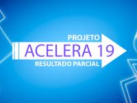 Descrição da imagem:  Imagem com fundo azul em tons degradê e linhas geométricas brancas nas laterais. Ao centro, há uma seta branca apontando para a direita com os dizeres: "PROJETO ACELERA 19 — RESULTADO PARCIAL", em letras brancas e lilás.