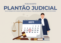 Card claro ilustrativo com calendário. Há um calendário, uma balança e um, desenho de um homem de toga