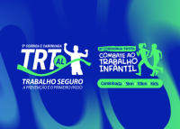 Imagem azul-escuro e verde-clara com os nomes TRT AL TRABALHO SEGURO escritos em letras brancas a a imagem de bonequinhos masculino e feminino em verde e uma imagem de um bonequinho maior na cor branca. 