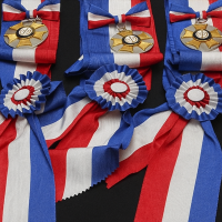 três medalhas douradas envoltas de de faixas nas cores azul, branco e vermelho