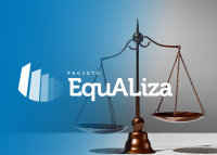 Card de fundo azul. Há uma baalaça na cor metalizada. Há escrito com letras brancas EQUALIZA.