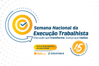 Card de fundo branco com letras azuis. Há escrito  em destaqueSemana Nacional de Conciliação Trabalhista .