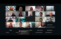Captura de tela de uma reunião virtual pelo Zoom, com cerca de 20 participantes distribuídos em janelas individuais. Cada participante aparece em seu respectivo ambiente de trabalho ou residência, alguns com câmera ligada e outros com a câmera desligada.