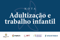 Imagem com fundo azul e o nome grande centralizado: Adultização e trabalho infantil escrito em letras grandes e na cor branca