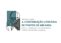 Desenho estilizado do rosto de um homem de óculos e terno, feito com traços simples em tons de verde e cinza. Ao lado, está o texto: “Simpósio sobre a Contribuição Literária de Pontes de Miranda para a Formação do Pensamento Jurídico Brasileiro e Mundial.”